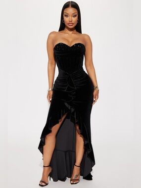 Fashion Nova Black Strapless Velvet High-Low Ruffle Dress